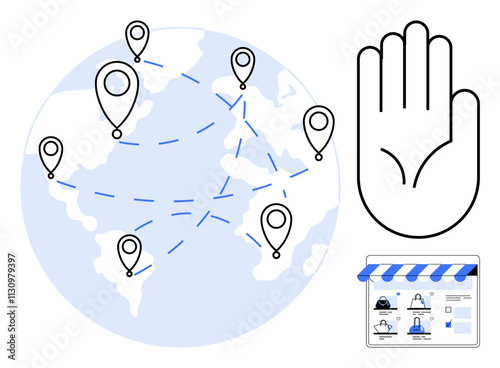 World map with connected location points, hand for security, online store storefront with products. Ideal for global business, technology, e-commerce, online security, logistics, travel