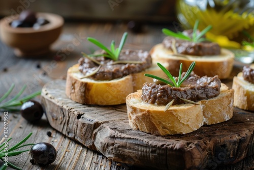 Olive pate crostinis on a rustic surface photo