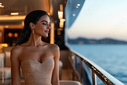 An elegant woman wearing a sparkling outfit, enjoying a serene sunset view from a luxurious yacht, capturing a moment of relaxation and luxury on calm waters.