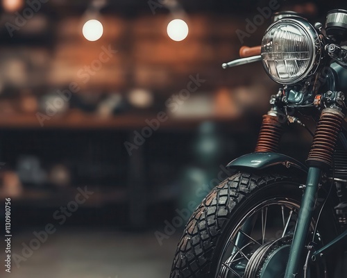 Classic motorcycle with its engine in pieces, parts gleaming under shop lights photo