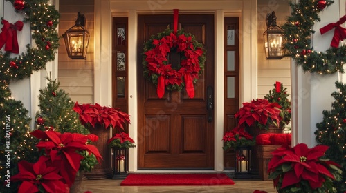 Festive holiday entrance decor homefront image cozy suburban setting front view seasonal cheer and warmth