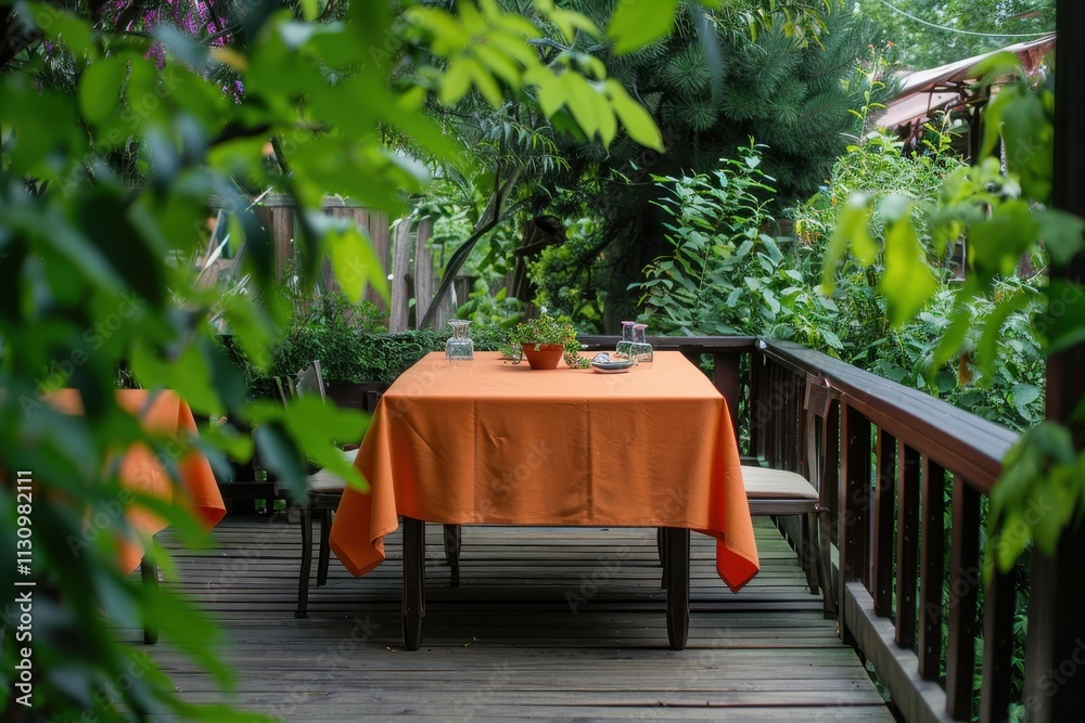 Fototapeta premium Orange tablecloth on dining table on wooden terrace in garden