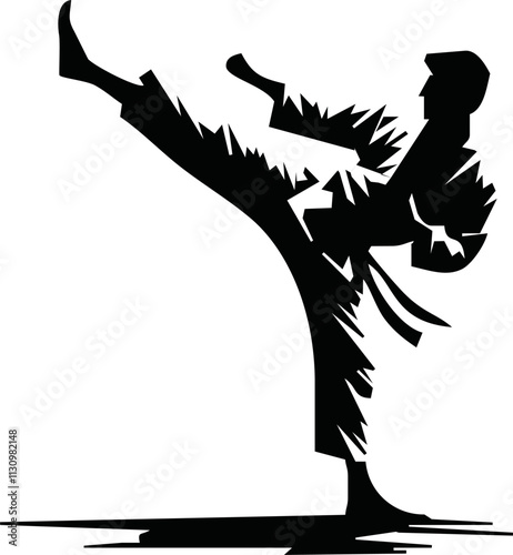 Karate woman fighter in kimono, vector silhouette illustration. Japan traditional martial art. Girl in self-defense presentation. In healthy body healthy mind. Karate mom.