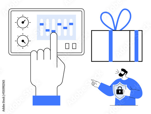 Person adjusting settings on a control panel, a gift box with a bow, and a person with a shield badge. Ideal for technology, security, customization, user interface, gift, protection and digital