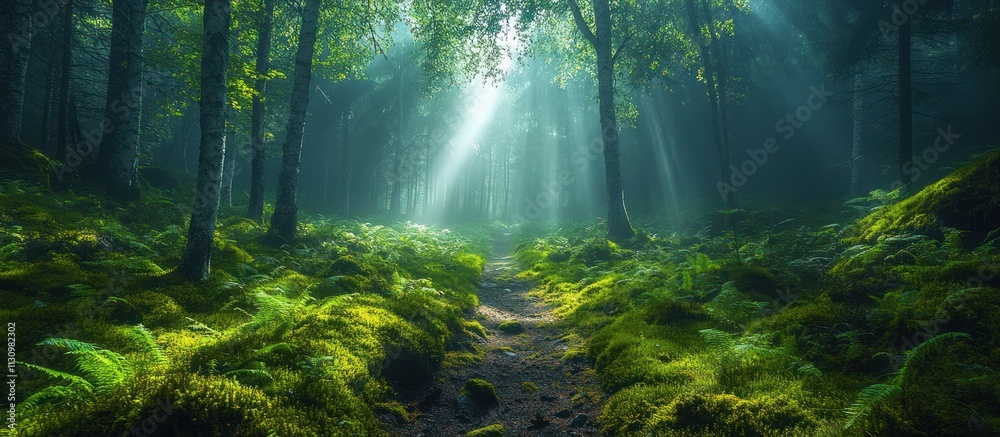 Fototapeta premium Sunbeams illuminating a mystical forest path.