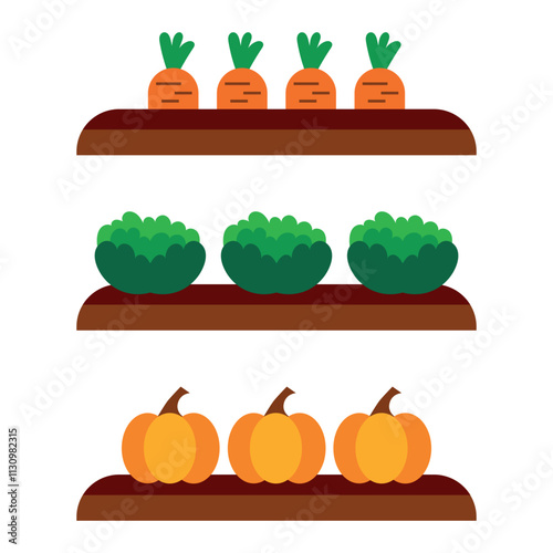 Harvest of carrots, cabbage, pumpkins in the garden beds barnyard element. Countryside gathered the harvest. Funny childish agriculture, farming