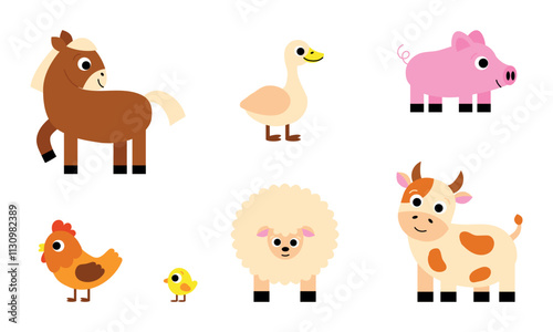 Set of cow, pig, chicken, sheep, goose, horse domestic animals. Funny childish agriculture, farming. Countryside farm barnyard 