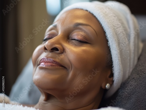 Aged black lady enjoying natural skin massage treatment in spa wellness health beauty salon