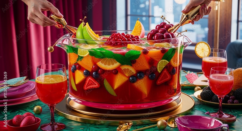 Fototapeta premium Creating a festive fruit punch with colorful layers for an eyecatching toast
