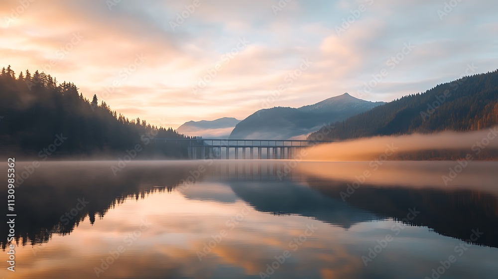 Obraz premium A modern hydroelectric dam surrounded by mist and mountains, sunrise reflecting on the reservoir, symbolizing clean energy’s strength and serenity