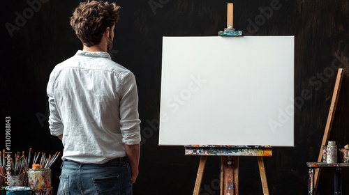 Young Artist Contemplating Blank Canvas on Easel in Studio with Brushes and Paints Surrounding Him