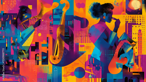 A vibrant abstract mural style wallpaper that celebrates the harlem renaissance, blending music, literature, and art. black history month concept. Mural. Illustration