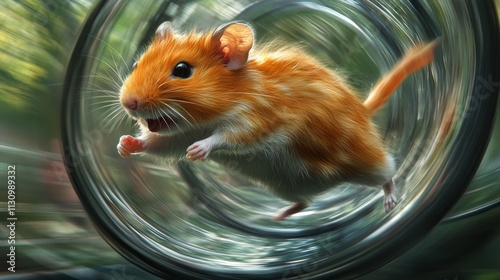 A vibrant, energetic hamster running on a wheel, captured in motion with a blurred background, showcasing its playful nature. photo