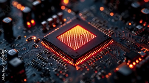 Future tech and a microchip for AI on a motherboard represent programming and codes for internet browsing and information with lights, machine learning, and big data algorithms photo