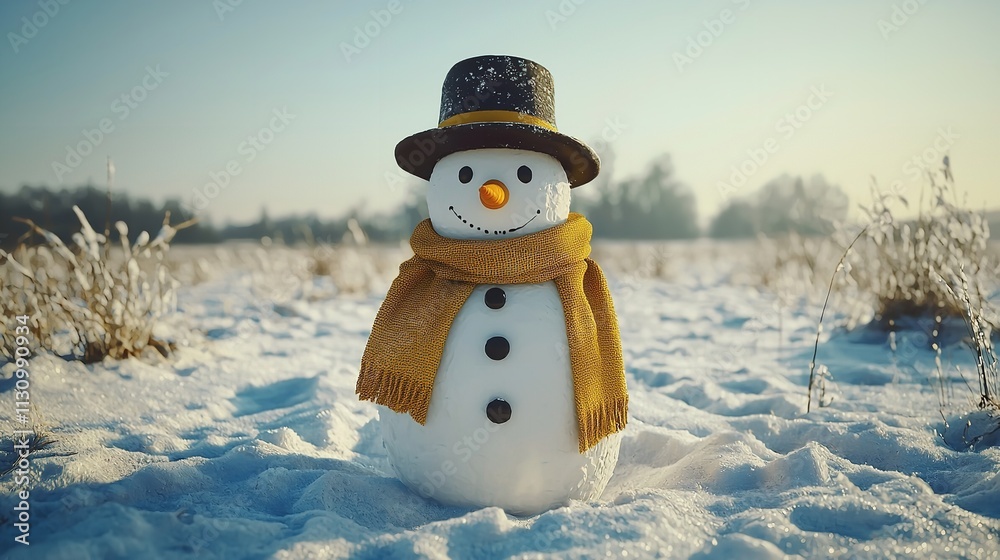 Obraz premium Funny snowman wearing a stylish hat and yellow scarf outdoors.