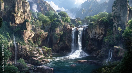 Lush jungle waterfall cascades into serene pool.