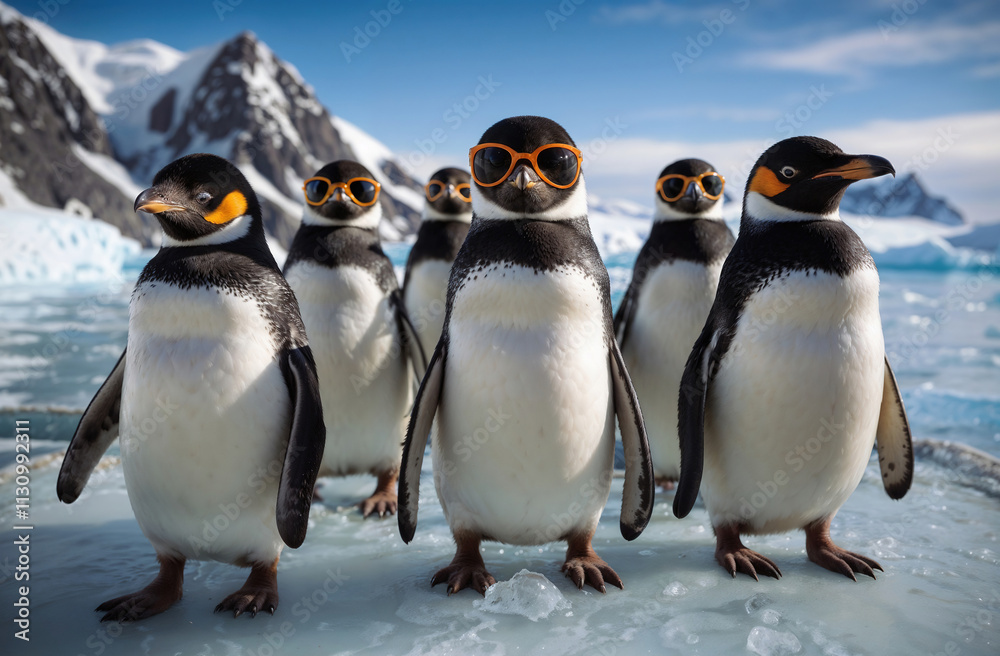 Fototapeta premium funny penguins in sunglasses had a tropical party on ice of Antarctica 