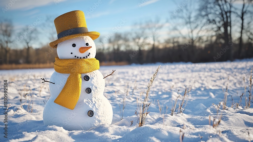 Obraz premium Funny snowman wearing a stylish hat and yellow scarf outdoors.