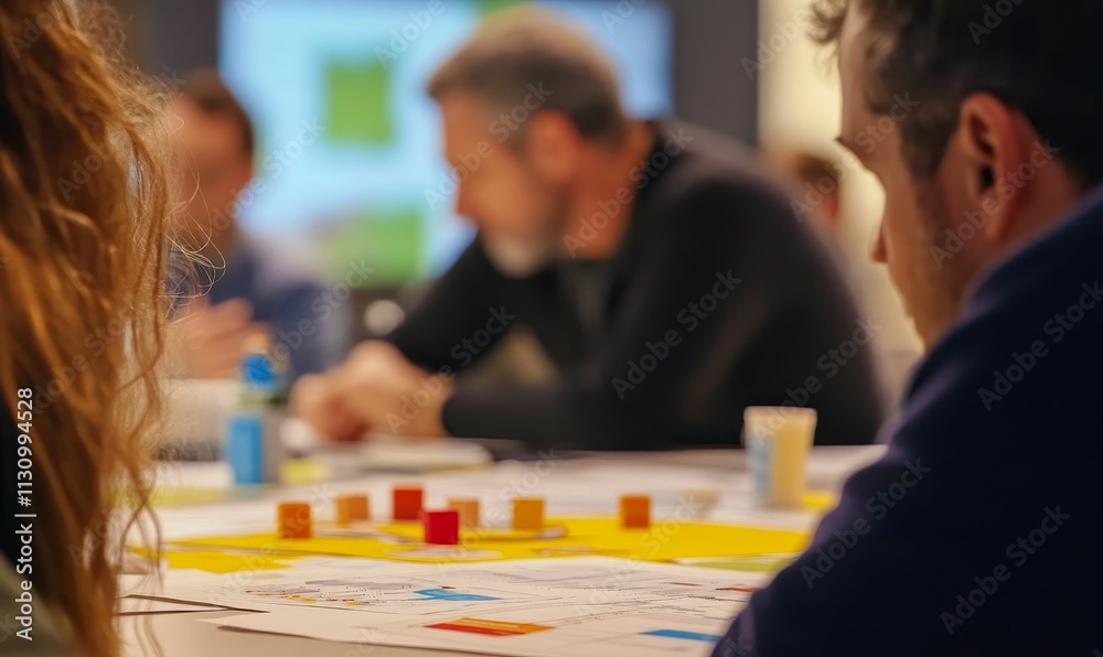 Fototapeta premium Blurred group brainstorming; colored blocks, diagrams.