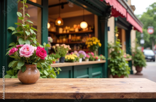 A flower shop counter with a bouquet of flowers. Florist store concept. Copy cpace