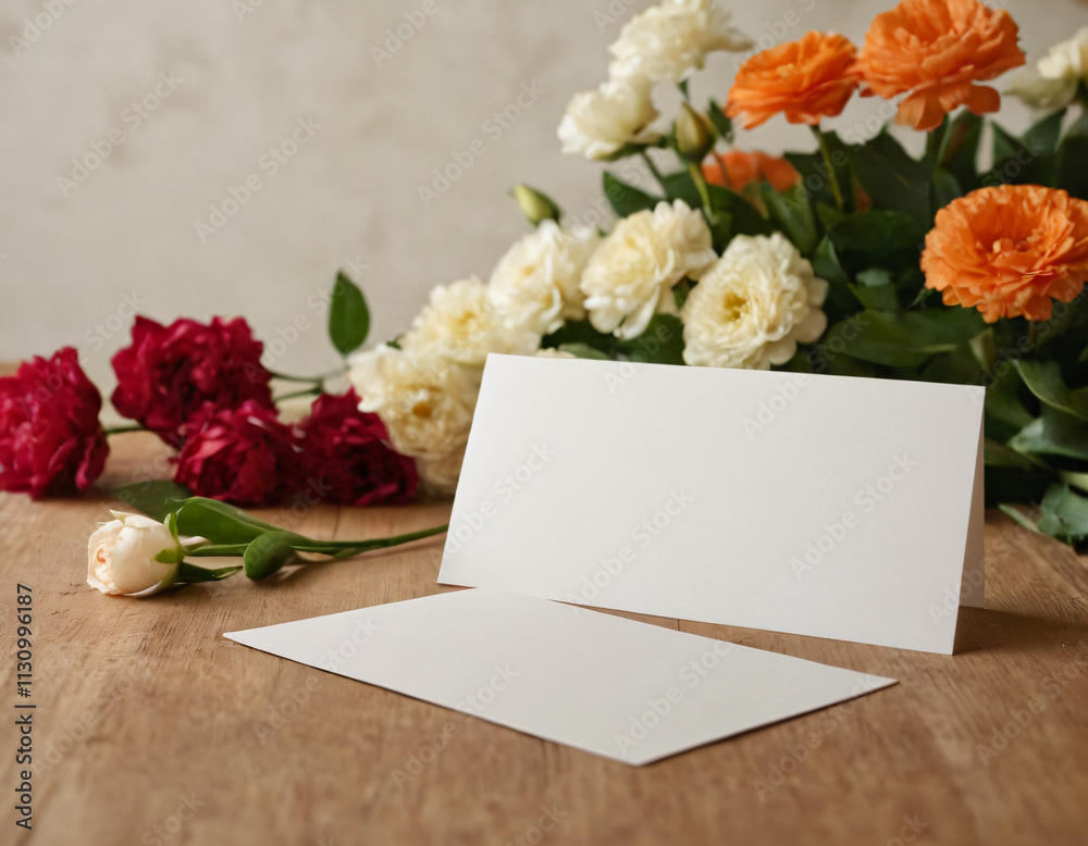 Obraz premium Blank Card with Roses and Flowers on a Soft Background. Mockup for salon, logo, wedding