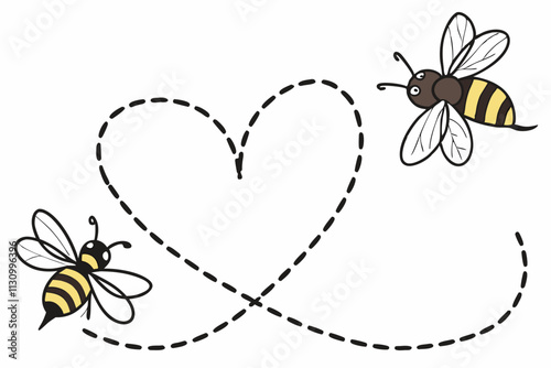 Bees in a heart path, Two bees flying in opposite directions, creating a dotted heart-shaped path vector silhouette on a white background