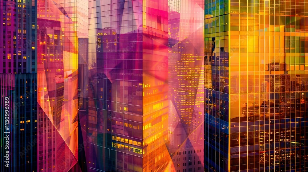 Naklejka premium An abstract representation of high-rise buildings with vibrant geometric patterns and glowing lights.