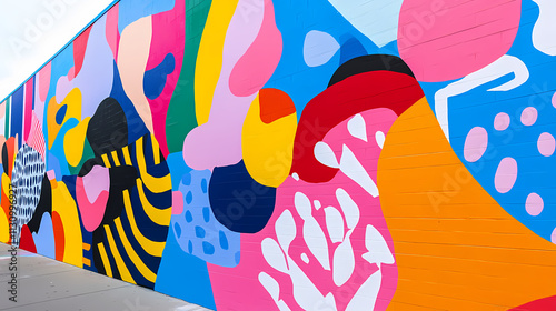 A lively, colorful mural filled with abstract patterns and shapes, each component intertwining to create a vibrant and energetic composition. Mural. Illustration photo