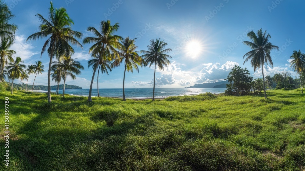 Fototapeta premium Serene Tropical Paradise with Palm Trees and Sparkling Ocean View