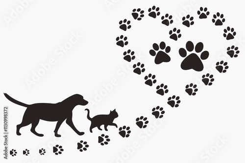 Heart-shaped paw prints, A trail of paw prints in the shape of tiny hearts, with a dog and cat walking in opposite directions vector silhouette on a white background