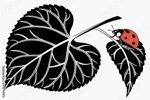 Ladybug on a heart leaf, A ladybug perched on a heart-shaped leaf with veins visible vector silhouette on a white background