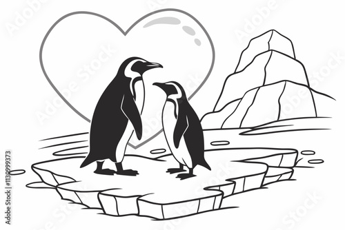 Penguins on ice, Two penguins standing close, their heads touching, with a heart-shaped iceberg behind them vector silhouette on a white background