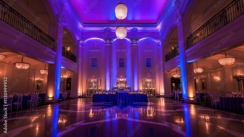 Fototapeta premium Grand Ballroom Wedding Reception Decor Elegance: Lavish Purple and Blue Lighting Design