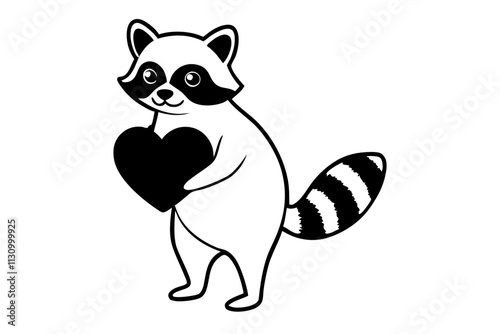 Raccoon with a heart object, A raccoon standing, holding a shiny heart object with both hands vector silhouette on a white background