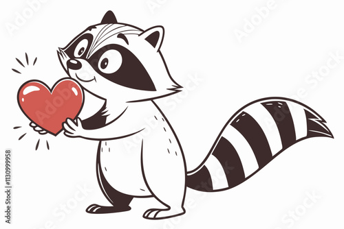 Raccoon with a heart object, A raccoon standing, holding a shiny heart object with both hands vector silhouette on a white background