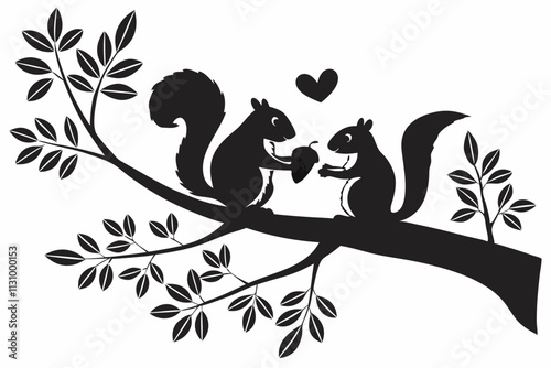 Squirrels sharing an acorn, Two squirrels sitting on a tree branch, holding an acorn together, with a small heart above them vector silhouette on a white background