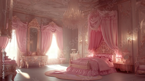 princess room in pink baroque style with beautiful ornaments