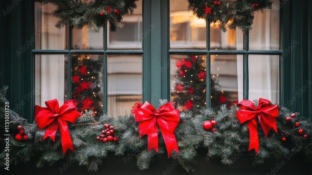 Fototapeta premium Festive garlands with red bows framing a large window