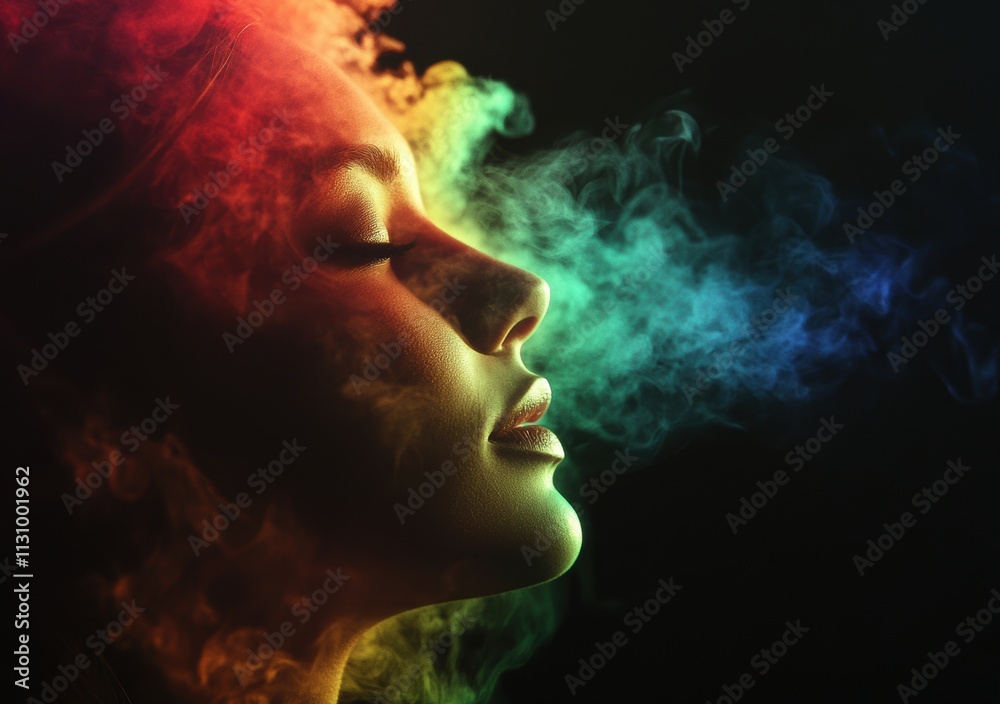 Woman's Profile with Colorful Smoke and Light Effects in Darkness Woman's Profile with Colorful Smoke and Light Effects in Darkness