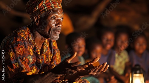 African Elder Sharing Wisdom: A Nighttime Gathering