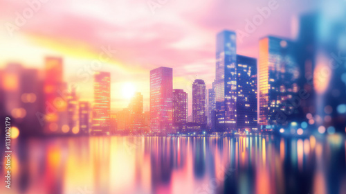Wallpaper Mural Vibrant city skyline at sunset with blurred reflections in water Torontodigital.ca