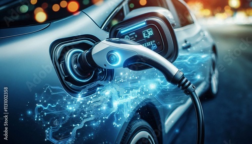 Closeup future EV charger handle plugged in or connect to electric car, concept image