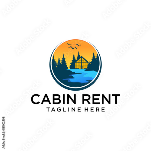 Logo design template for cabin house rental with forest and fishing house. cabin house logo construction. Mountain house logo template Vector illustration