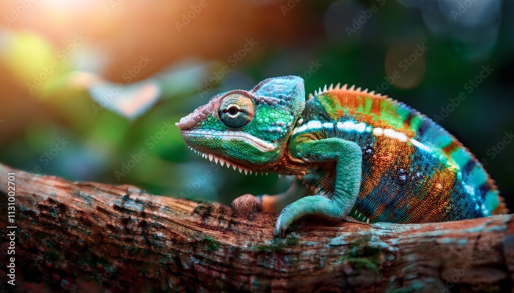 Fototapeta premium Vibrant Chameleon on Branch in Tropical Forest