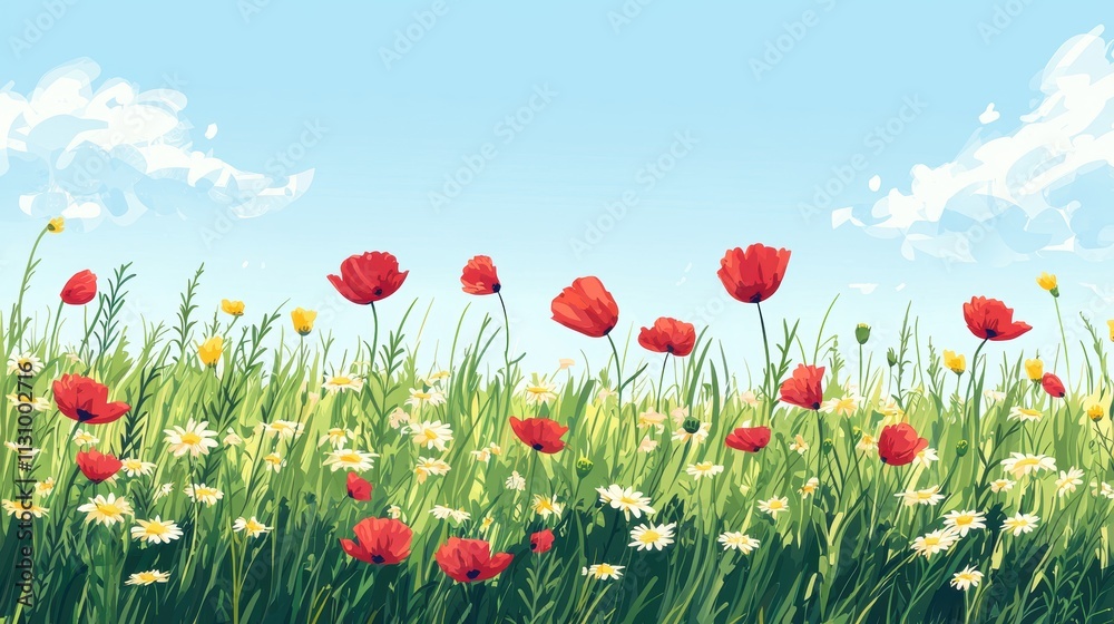 Naklejka premium Vibrant Spring Field with Red Poppies, Yellow Daisies, and Lush Green Grass Under a Blue Sky