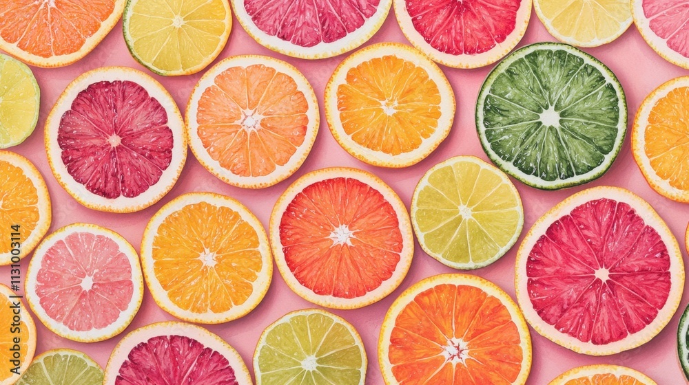 Obraz premium Watercolor texture and vibrancy, A vibrant assortment of colorful citrus fruit slices arranged aesthetically on a pink background.