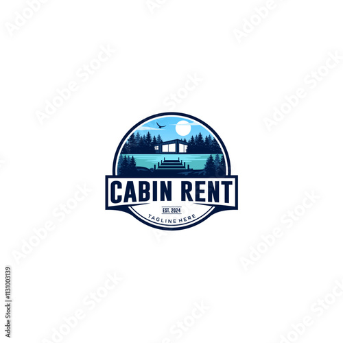 Logo design template for cabin house rental with forest and fishing house. cabin house logo construction. Mountain house logo template Vector illustration