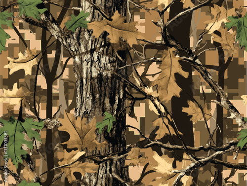 Real tree forest camouflage seamless pattern design pattern for hunting and military uniform. Hunting camouflage