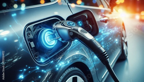 Closeup future EV charger handle plugged in or connect to electric car, concept image