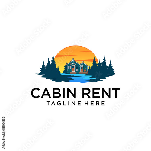 Logo design template for cabin house rental with forest and fishing house. cabin house logo construction. Mountain house logo template Vector illustration
